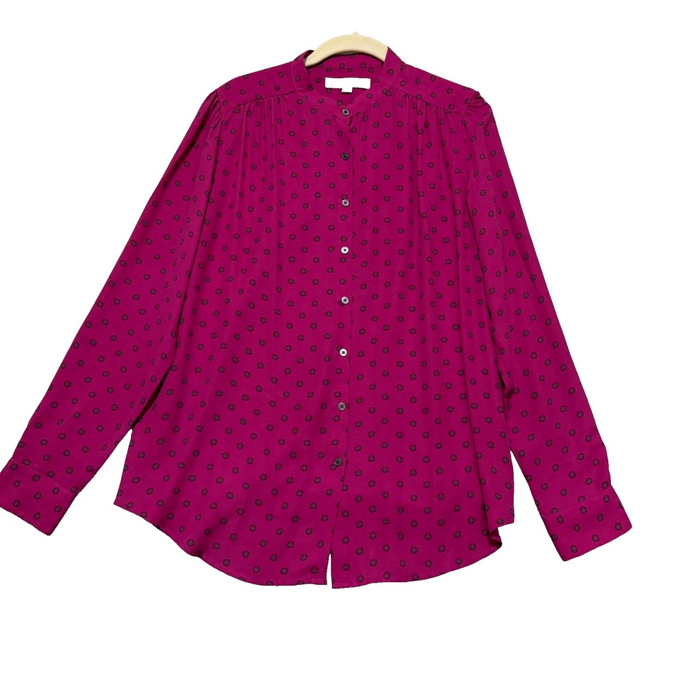 LOFT Button Down Blouse Womens Medium Magenta Pink Geometric Print Long Sleeve